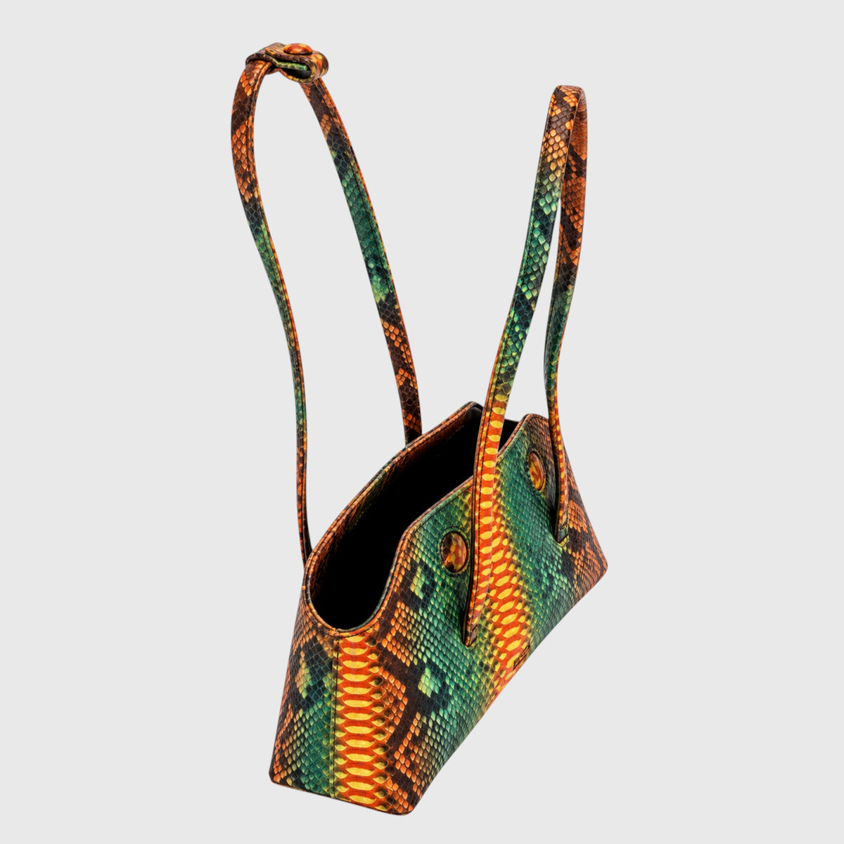 Python Signature Tote multicolor, orange green yellow python leather, three-quarter view