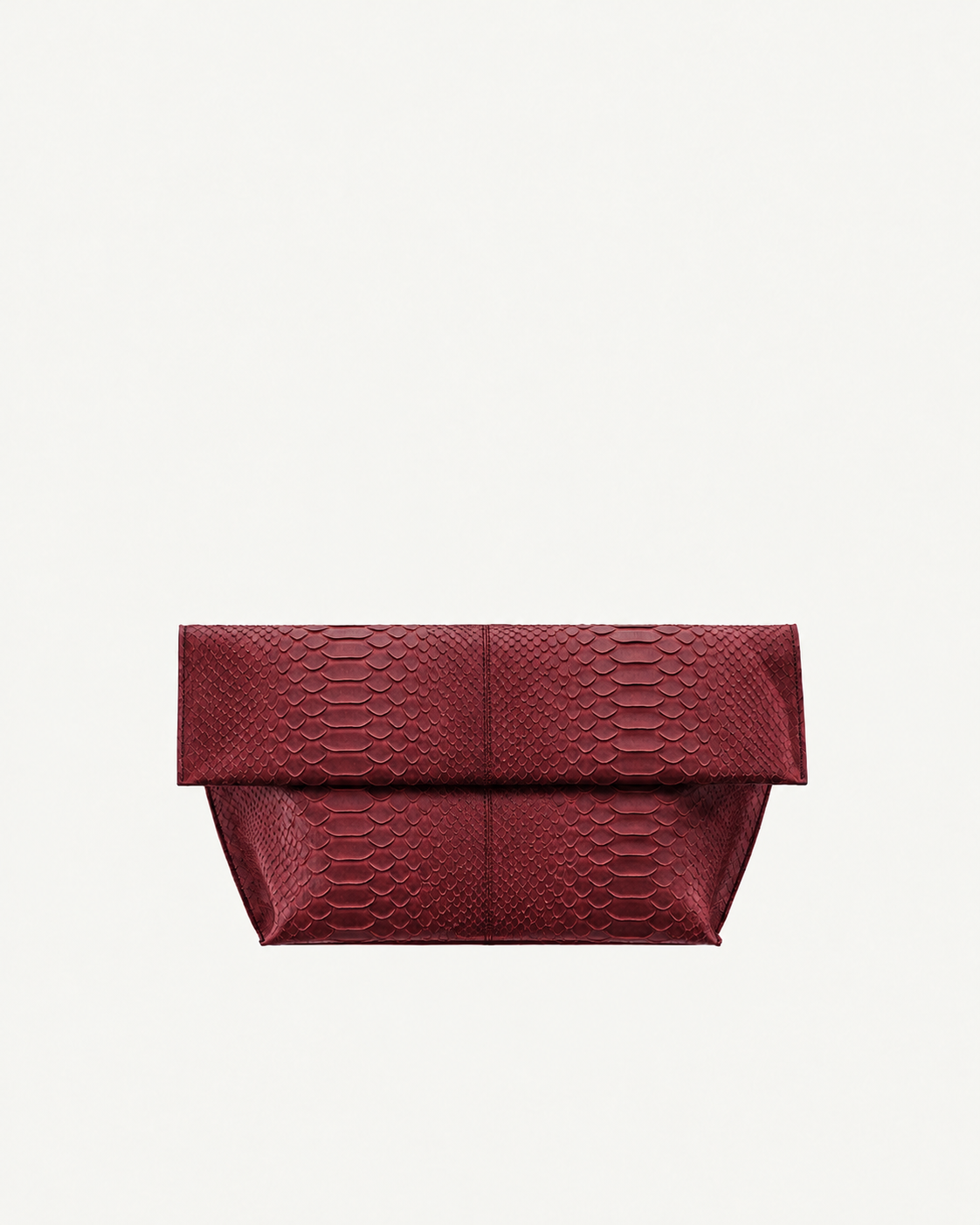 Deep Burgundy python leather foldover clutch, alternate front studio view
