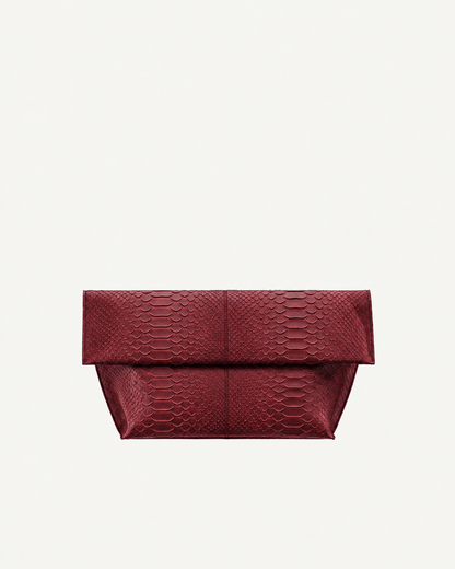 Deep Burgundy python leather foldover clutch, alternate front studio view