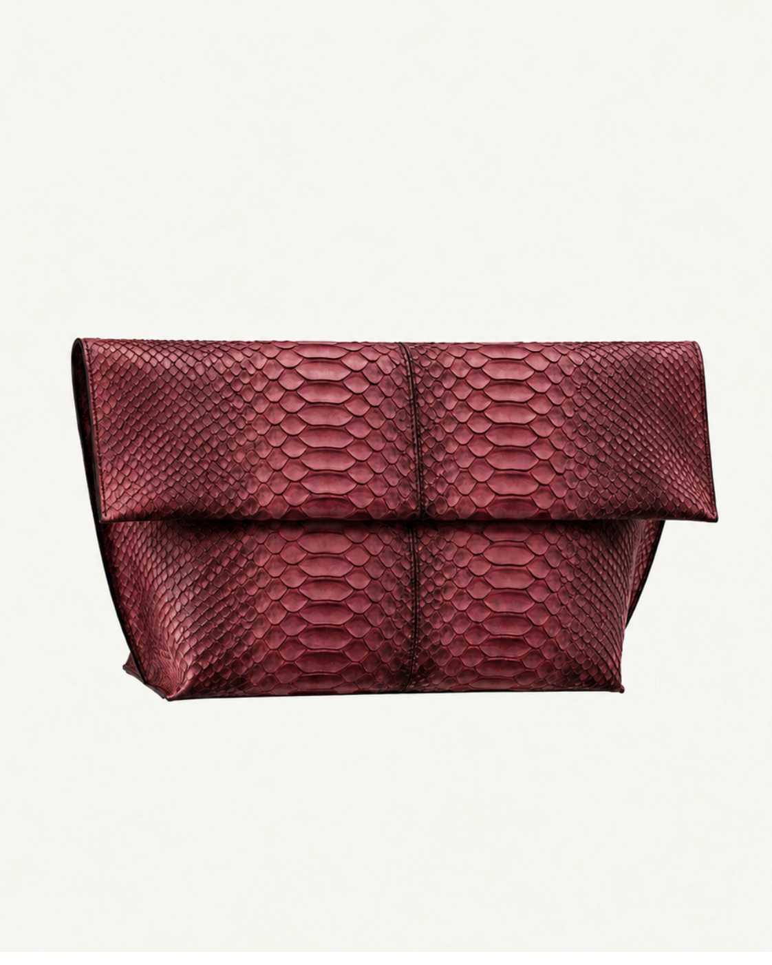 Deep Burgundy genuine python leather foldover clutch, front studio product photo