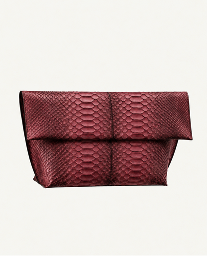 Deep Burgundy genuine python leather foldover clutch, front studio product photo
