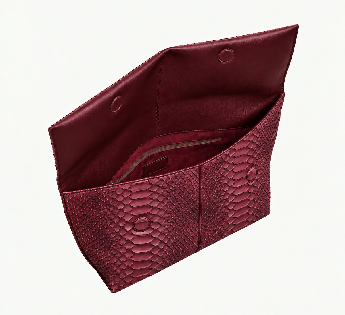 Deep Burgundy genuine python leather clutch open showing burgundy lining, magnetic flap and zip pocket