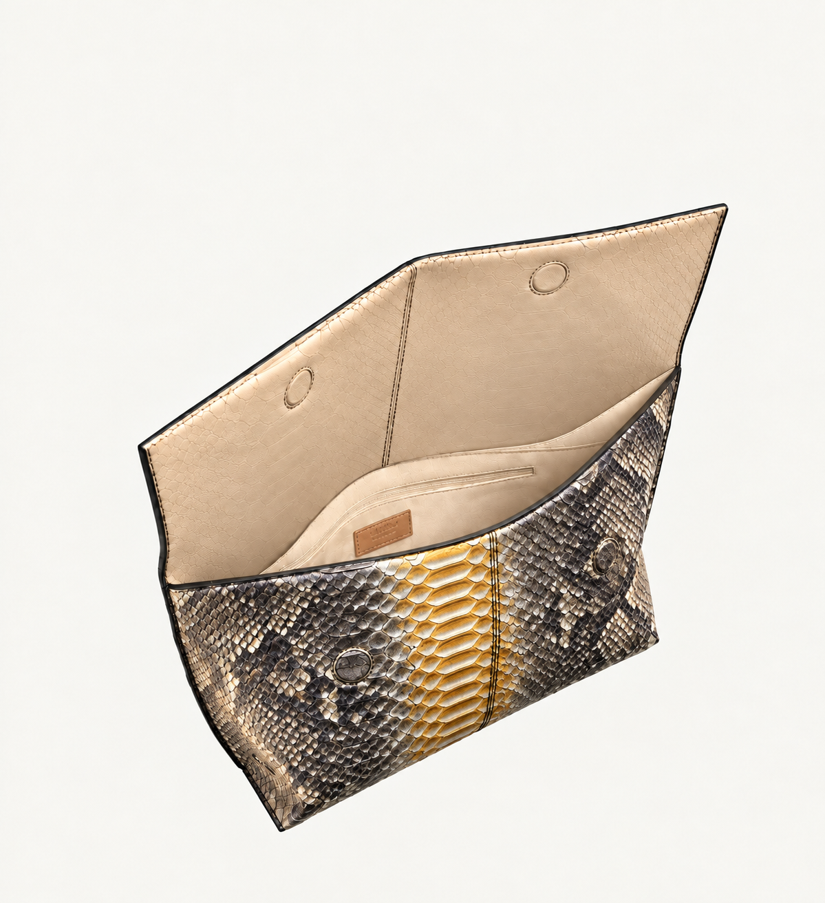 Honey Gold python leather clutch open showing beige lining, magnetic flap and interior zip pocket