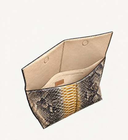Honey Gold python leather clutch open showing beige lining, magnetic flap and interior zip pocket