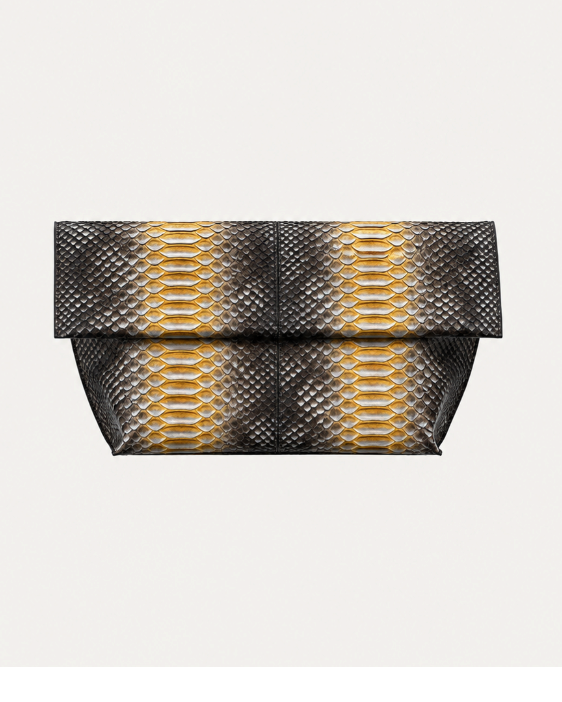 Honey Gold genuine python leather foldover clutch with charcoal black detailing, front studio product view