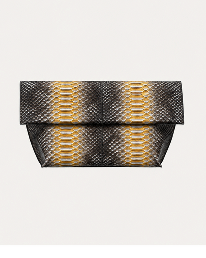 Honey Gold genuine python leather foldover clutch with charcoal black detailing, front studio product view