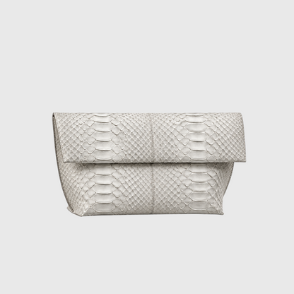Ivory genuine python leather foldover clutch, front studio product view