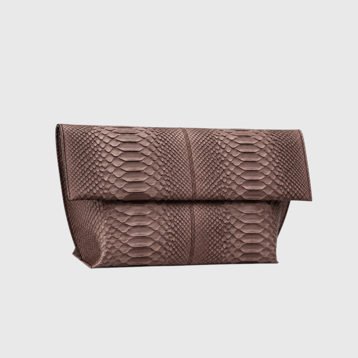 Smoky Taupe genuine python leather foldover clutch, three-quarter product view