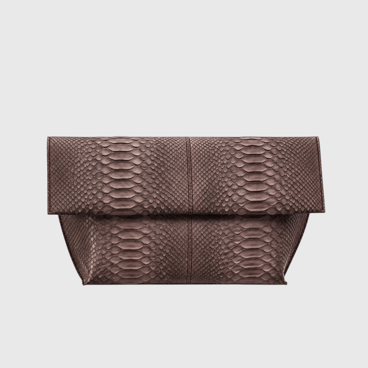 Smoky Taupe genuine python leather foldover clutch, front studio product view
