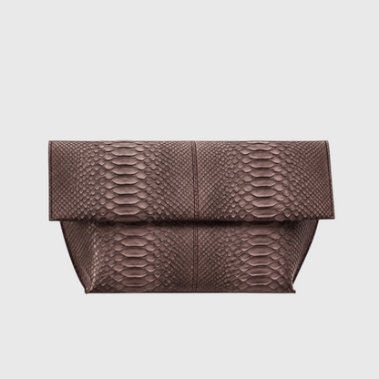 Smoky Taupe genuine python leather foldover clutch, front studio product view