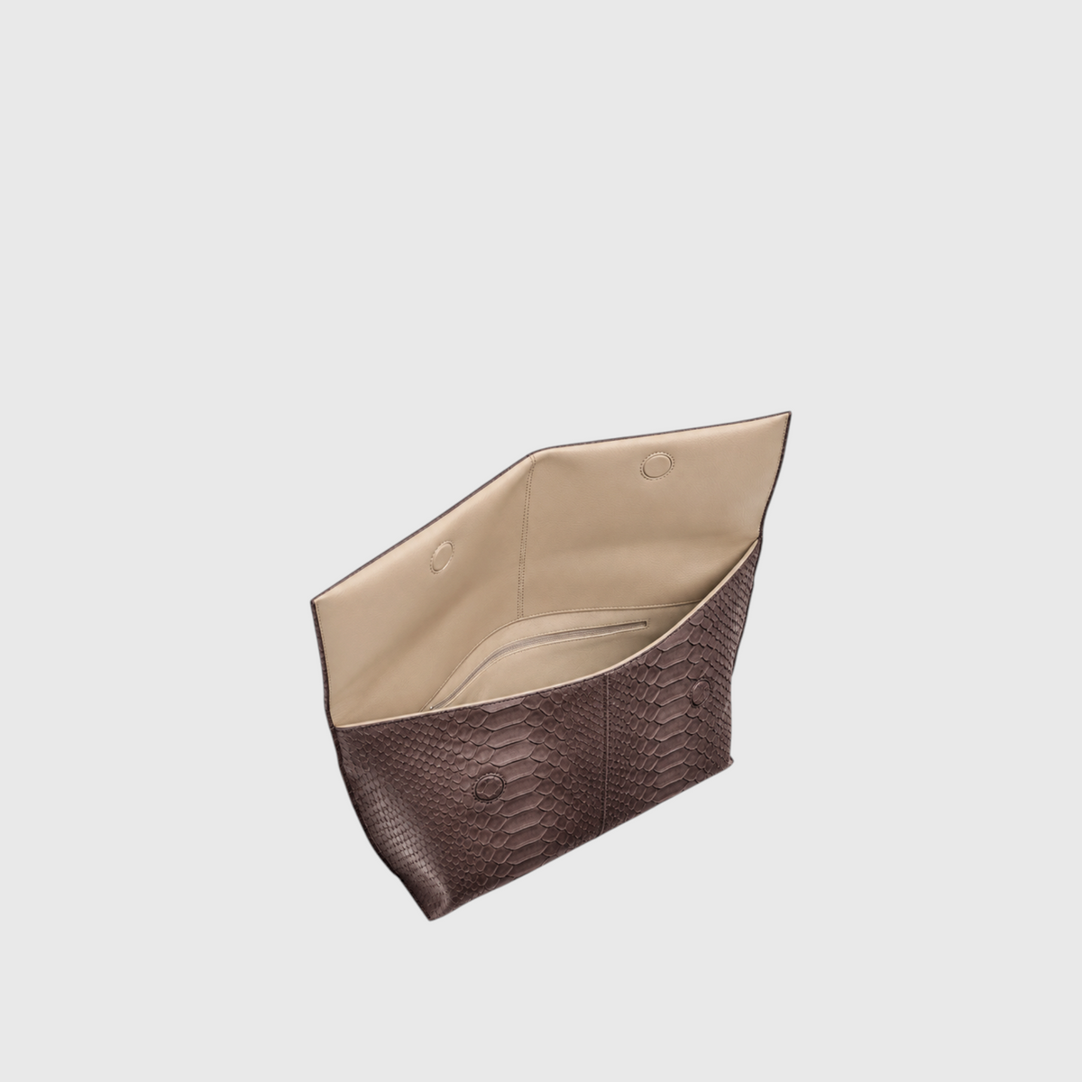 Smoky Taupe python leather clutch open, beige interior with magnetic closures and zip pocket