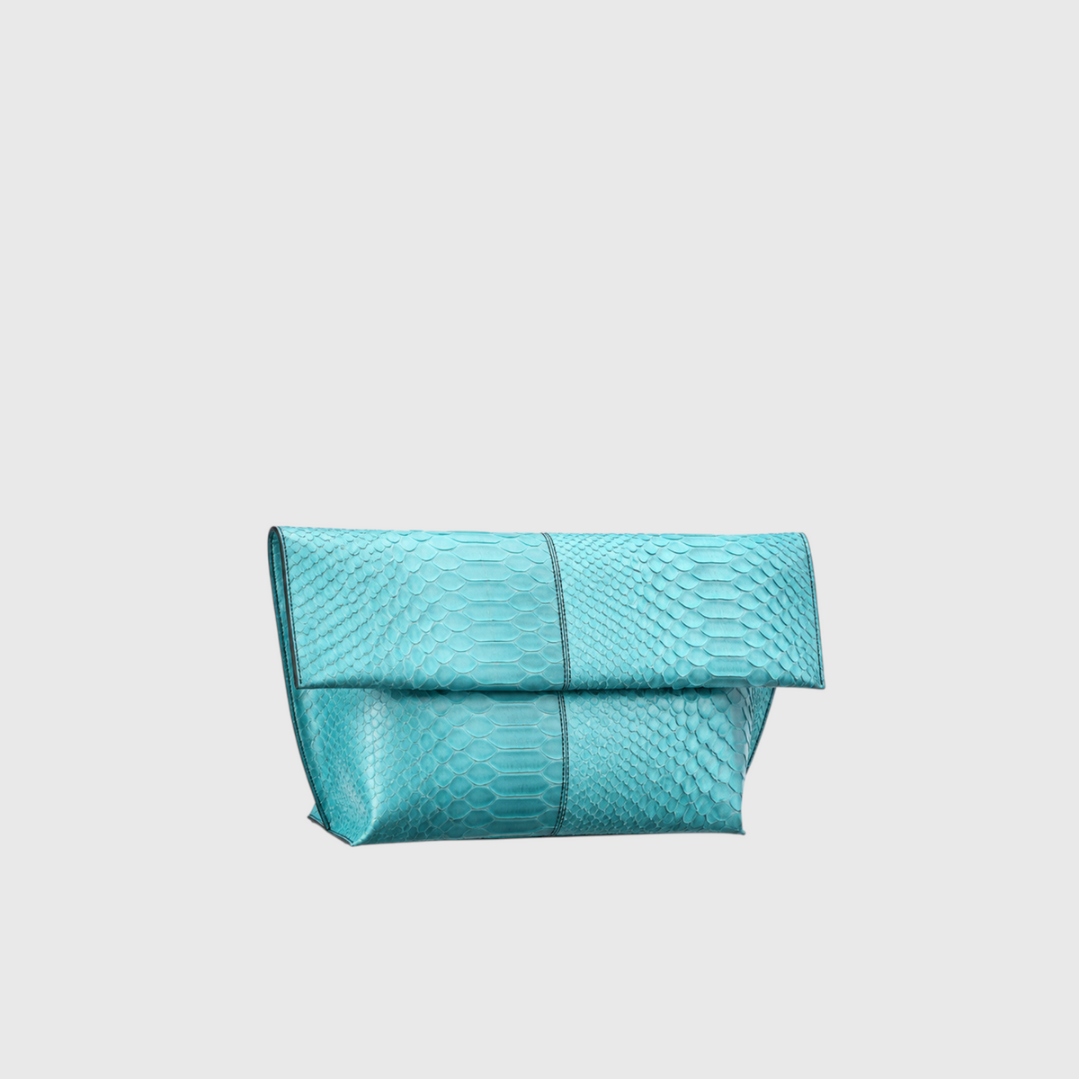 Turquoise genuine python leather foldover clutch, three-quarter studio product view