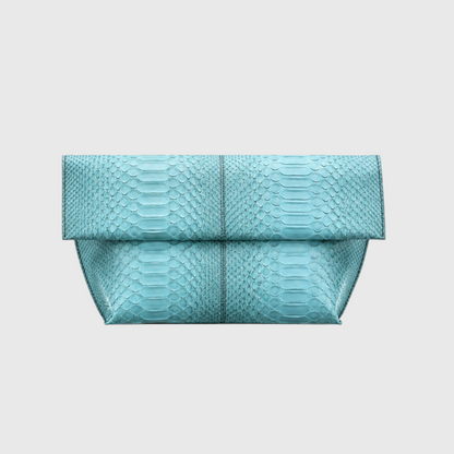 Turquoise genuine python leather foldover clutch, front studio product view