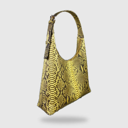 Yellow genuine python leather hobo bag three-quarter view | Genuine Skins