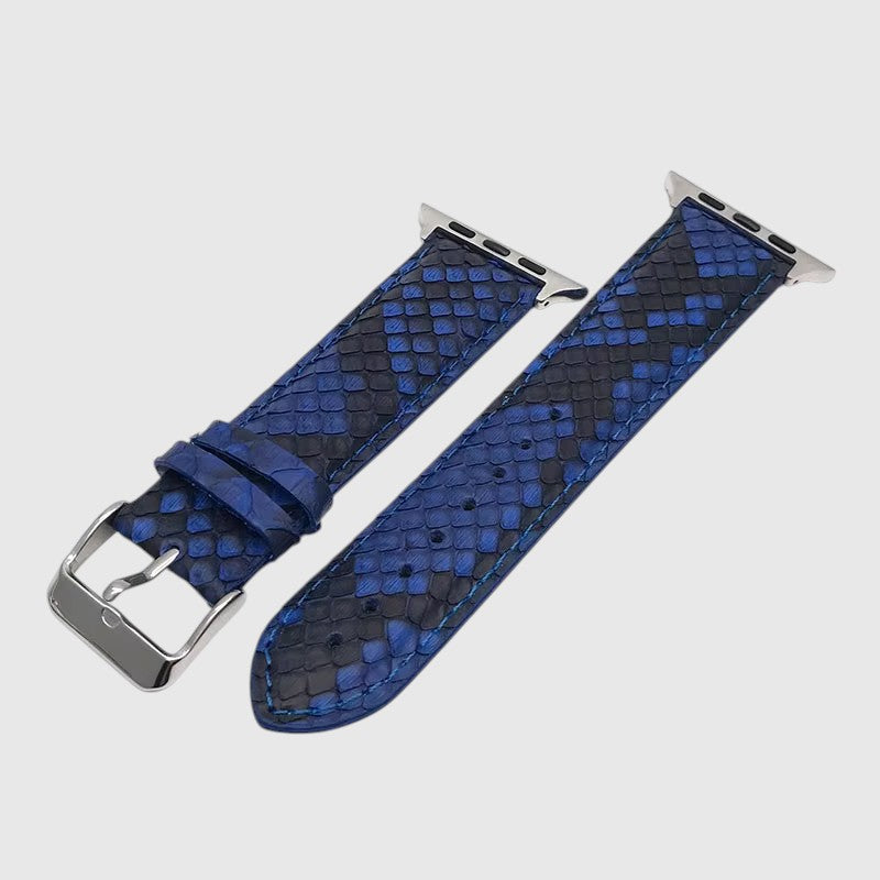 Bracelet de montre Leather craftman en cuir de serpent bleu et noir avec boucle en acier inoxydable