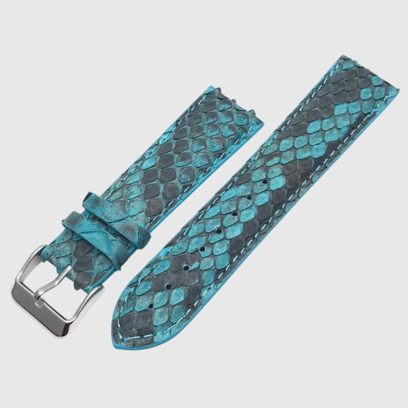 Bracelet de montre Leather craftman en cuir de serpent bleu et gris avec boucle ardillon en acier inoxydable