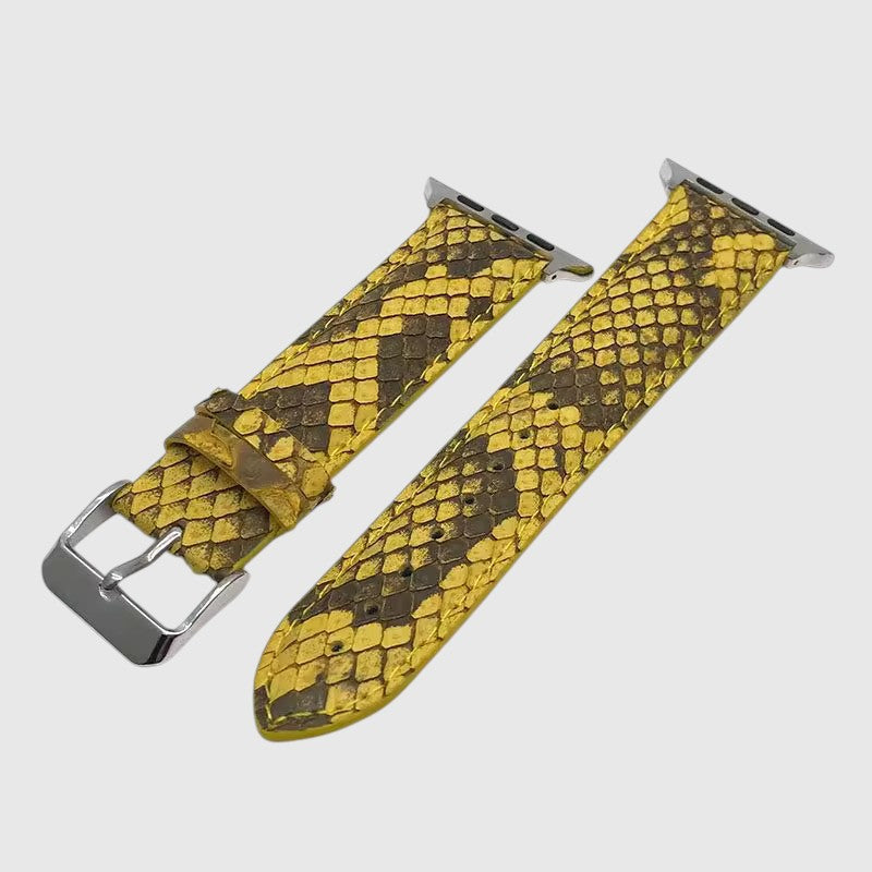 Bracelet de montre Leather craftman en cuir de serpent jaune et marron avec boucle en acier inoxydable