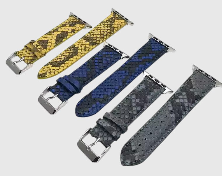 Bracelets de montre Leather craftman en cuir de serpent texturé disponibles en jaune, bleu et gris avec boucle acier