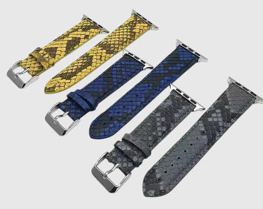 Bracelets de montre Leather craftman en cuir de serpent texturé disponibles en jaune, bleu et gris avec boucle acier
