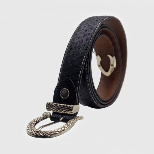 Ceinture Leather craftman en cuir de serpent noir avec boucle métallique travaillée, artisanat marocain.