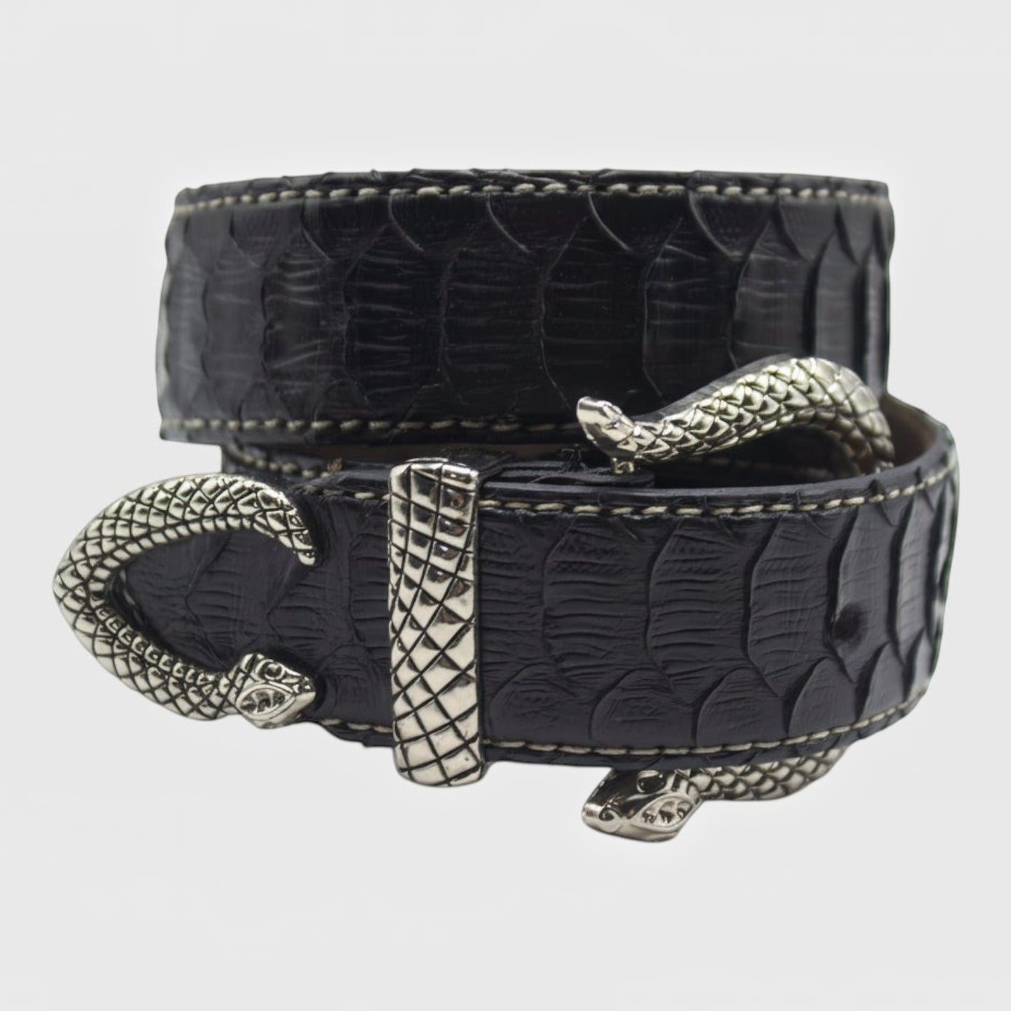 Ceinture Leather craftman en cuir de serpent noir avec boucle sculptée en forme de serpent argenté