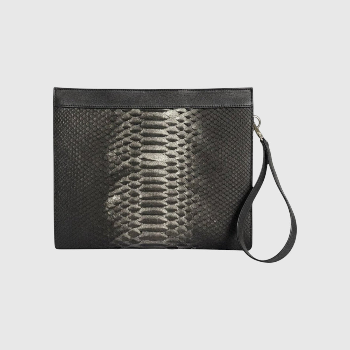 Pochette de luxe Leather craftman en cuir de python noir véritable avec dragonne amovible et texture à écailles