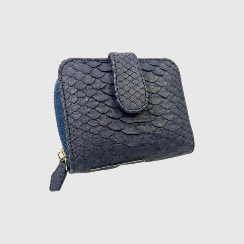Portefeuille Leather craftman en cuir de python bleu marine avec fermeture zippée et détails de couture précis