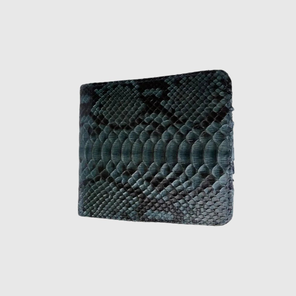 Portefeuille Leather craftman en cuir de python bleu foncé avec texture écailles naturelle et coutures précises
