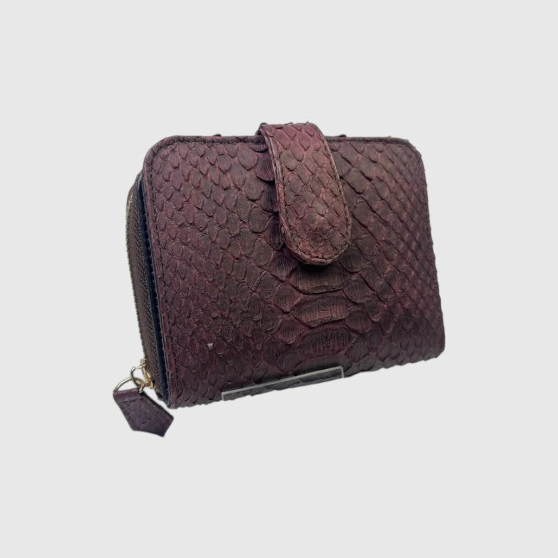 Portefeuille Leather craftman en cuir de python bordeaux avec fermeture éclair et rabat à bouton-pression