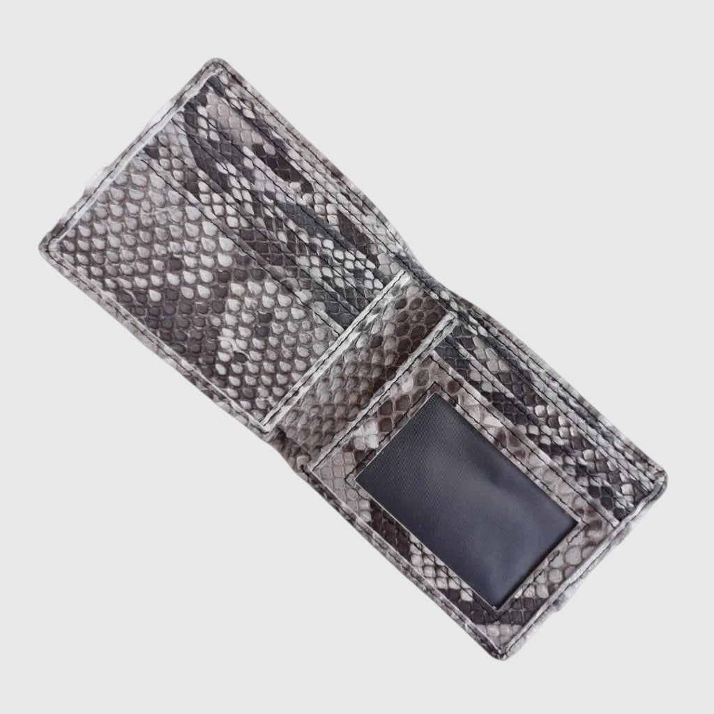 Portefeuille Leather craftman en cuir de python véritable gris avec doublure en suède et fenêtre pour carte