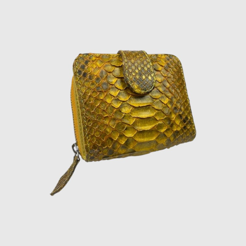 Portefeuille Leather craftman en cuir de python jaune avec fermeture éclair et texture écailles naturelle unique