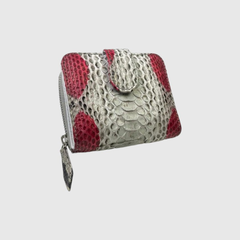 Portefeuille Leather craftman en cuir de python véritable avec des motifs rouges et gris et une fermeture éclair