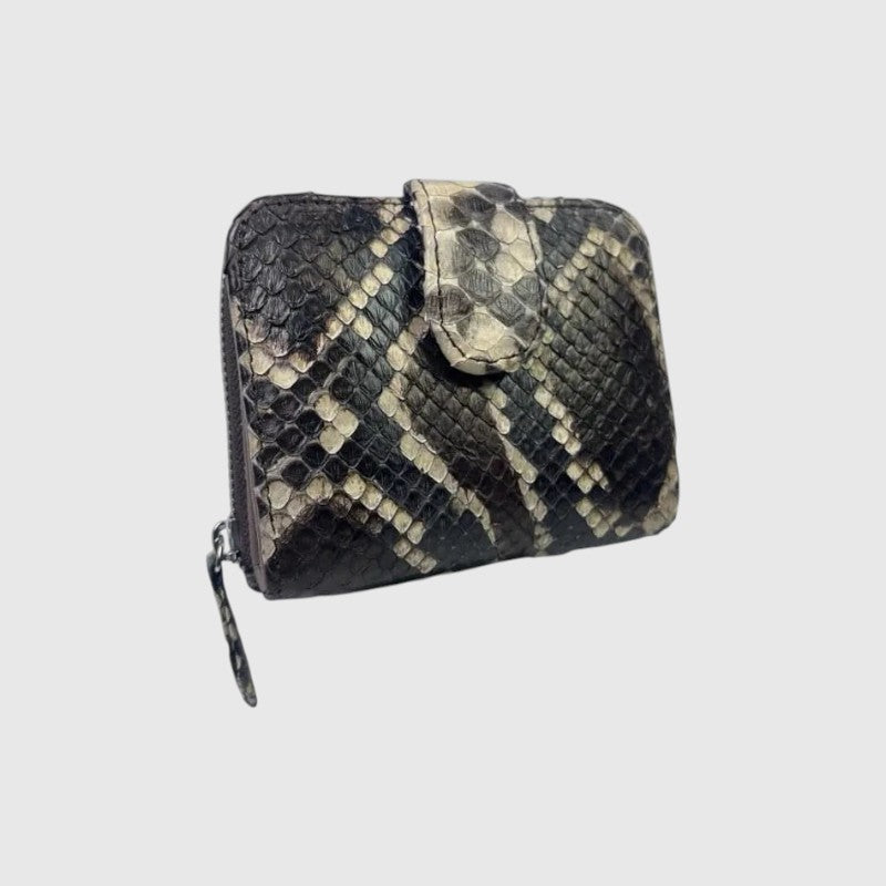 Portefeuille Leather craftman en cuir de python véritable avec texture écailles noire et blanche et fermeture zippée