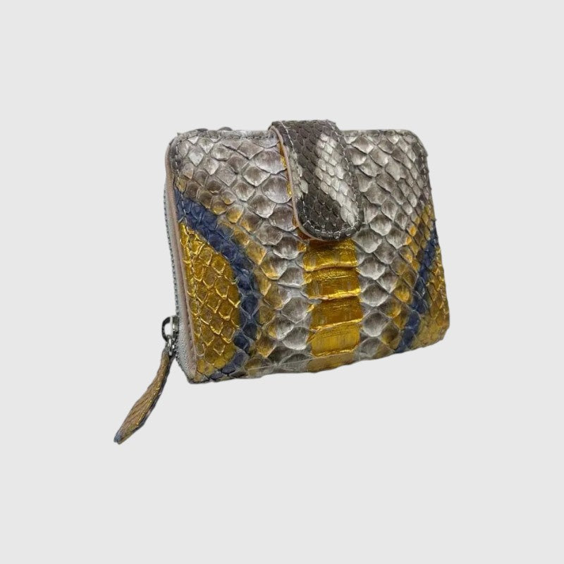 Portefeuille Leather craftman en cuir de python véritable avec détails dorés et bleus et fermeture zippée élégante
