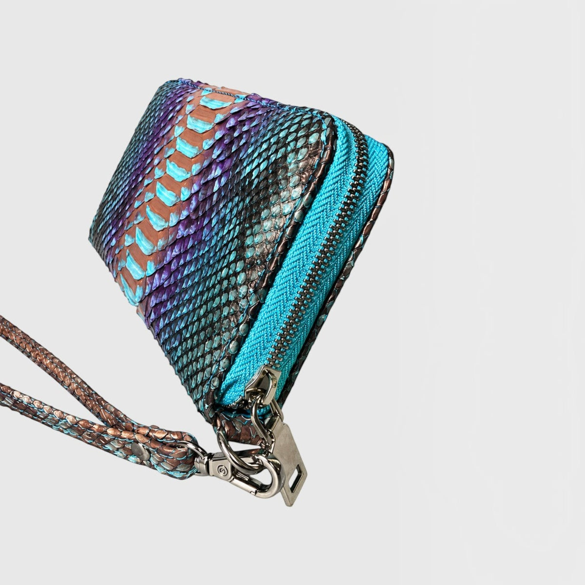 Portefeuille Leather craftman en cuir de serpent véritable multicolore avec dragonne et fermeture éclair bleue