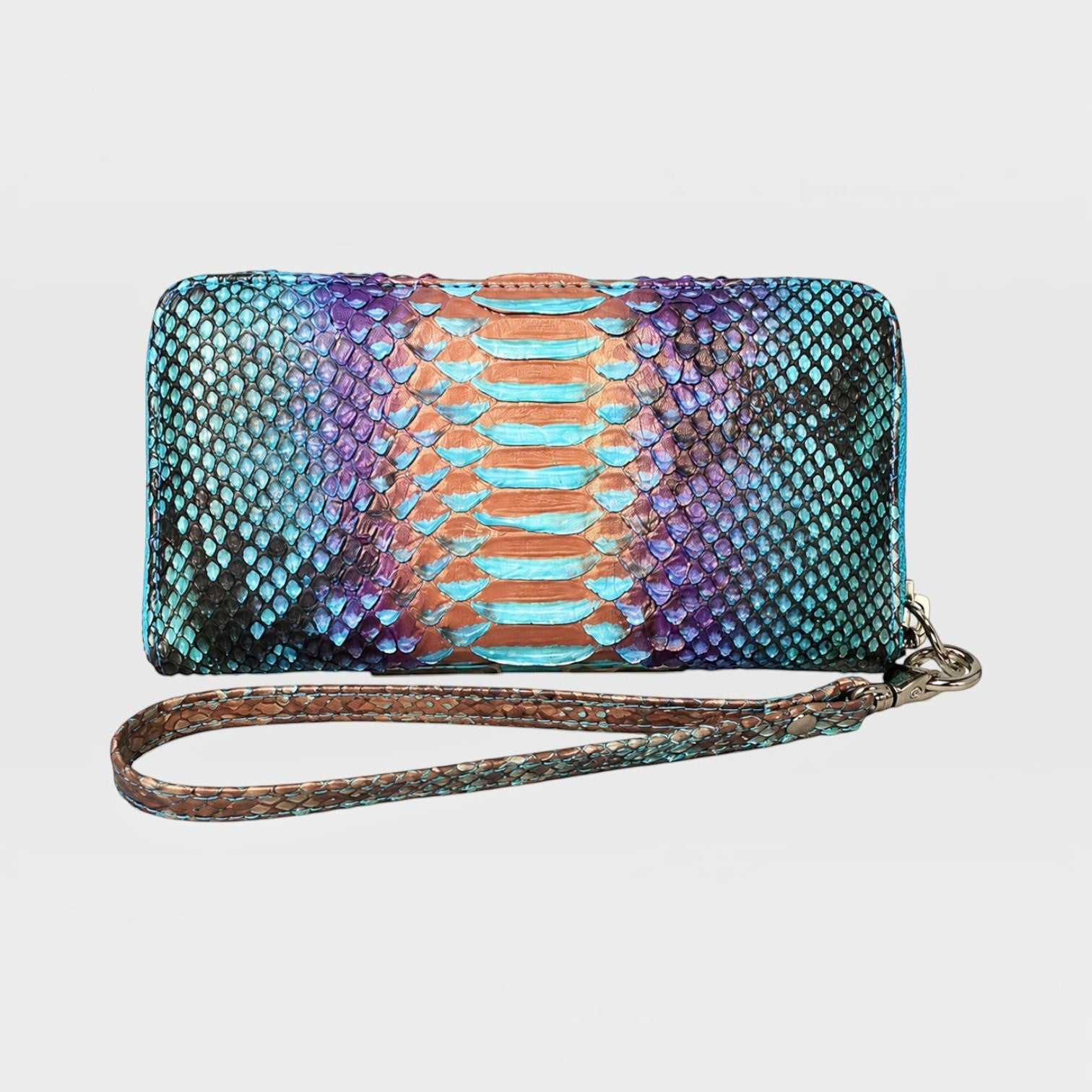 Portefeuille Leather craftman en cuir de serpent véritable aux nuances bleu, violet et bronze avec dragonne amovible