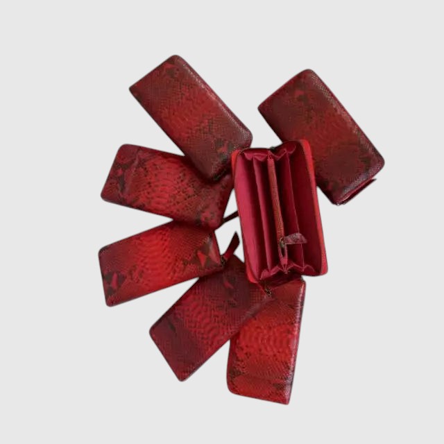 Portefeuille Leather craftman en cuir de serpent rouge fait main avec plusieurs compartiments et fermeture éclair