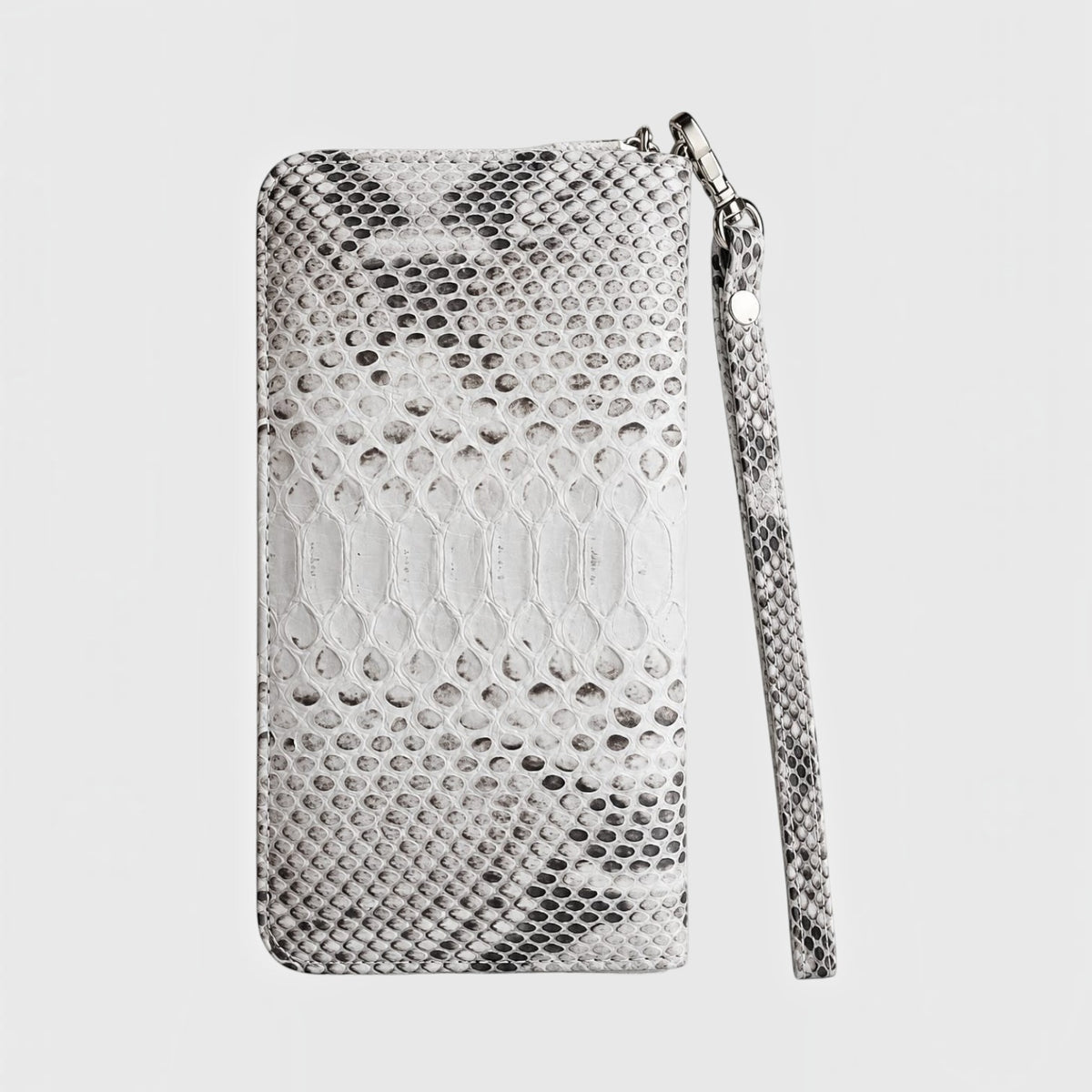 Portefeuille Leather craftman en cuir de serpent véritable gris et blanc avec dragonne amovible et fermeture éclair