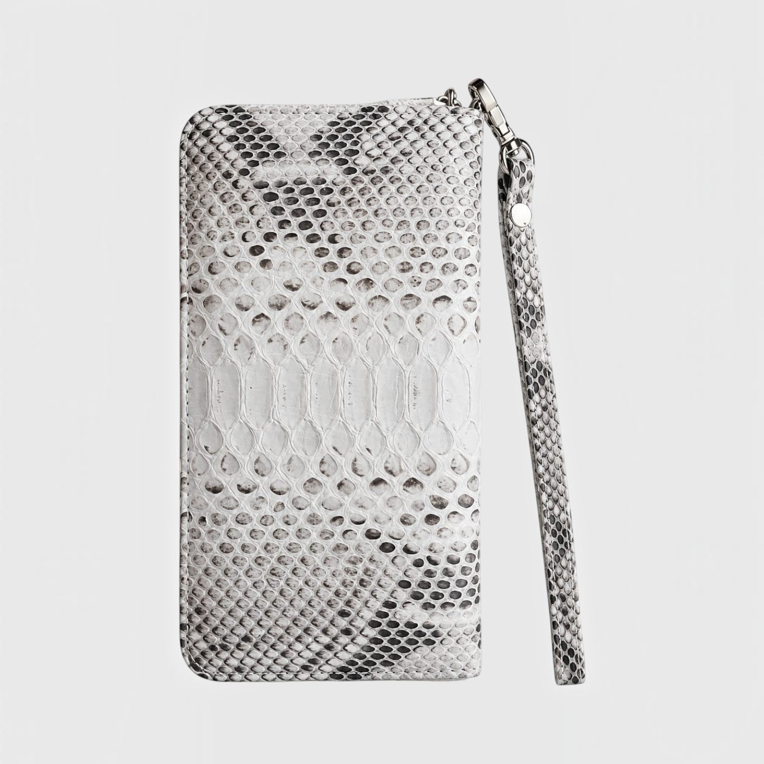 Portefeuille Leather craftman en cuir de serpent véritable gris et blanc avec dragonne amovible et fermeture éclair
