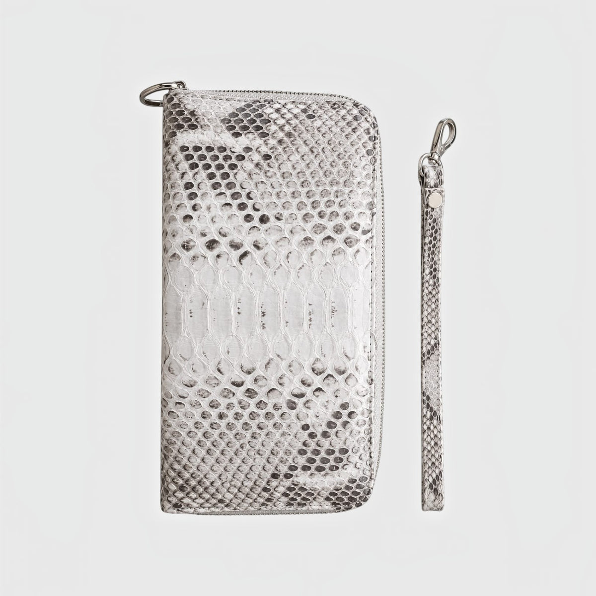 Portefeuille Leather craftman en cuir de serpent véritable gris et blanc avec dragonne amovible et fermeture éclair