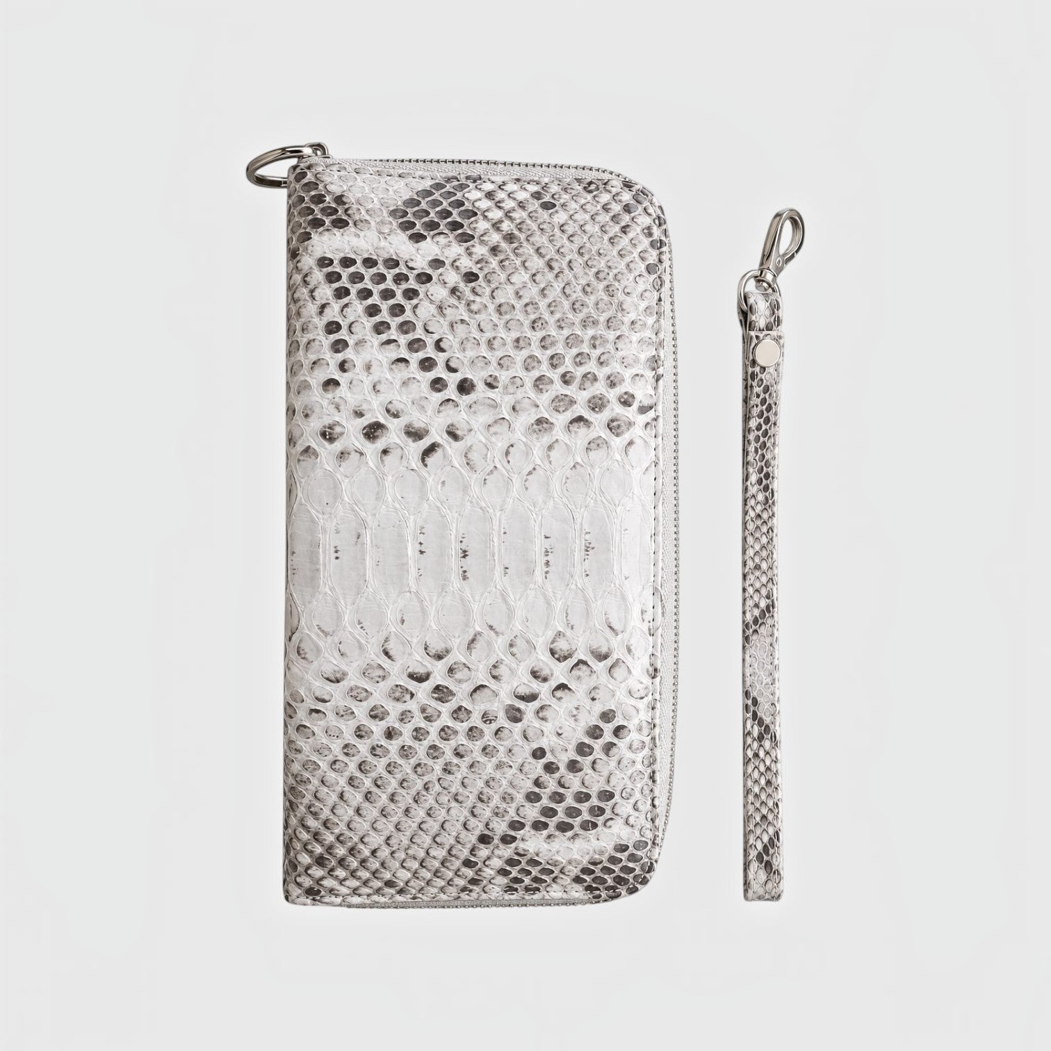 Portefeuille Leather craftman en cuir de serpent véritable gris et blanc avec dragonne amovible et fermeture éclair