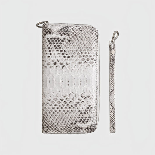 Portefeuille Leather craftman en cuir de serpent véritable gris et blanc avec dragonne amovible et fermeture éclair