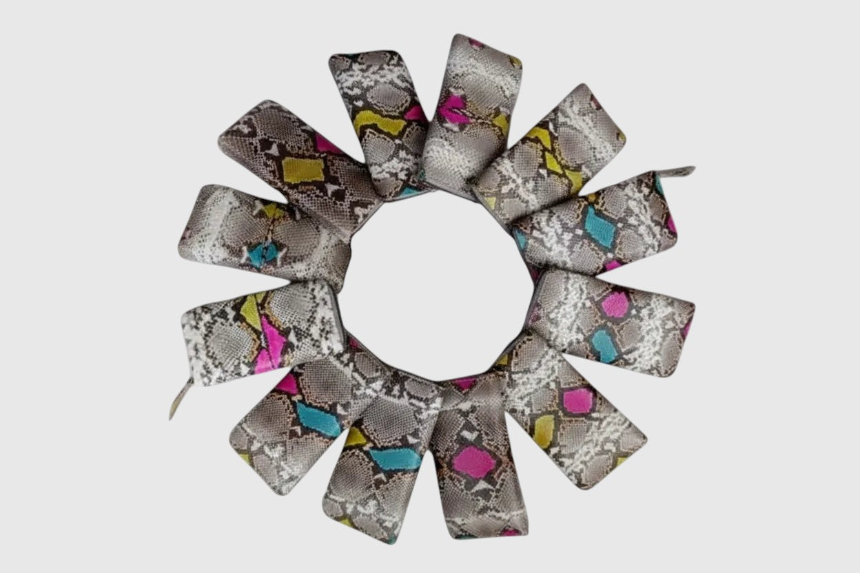Portefeuille Leather craftman en cuir de serpent véritable multicolore disposé en cercle sur fond gris