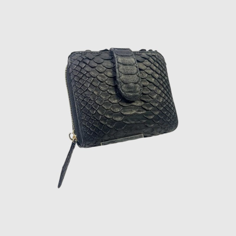 Portefeuille Leather craftman en peau de python noire avec fermeture éclair et détails en métal résistant