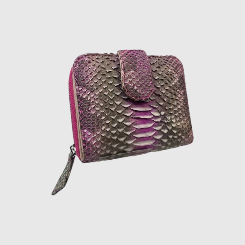 Portefeuille Leather craftman en cuir de python violet et gris avec fermeture éclair et doublure en daim