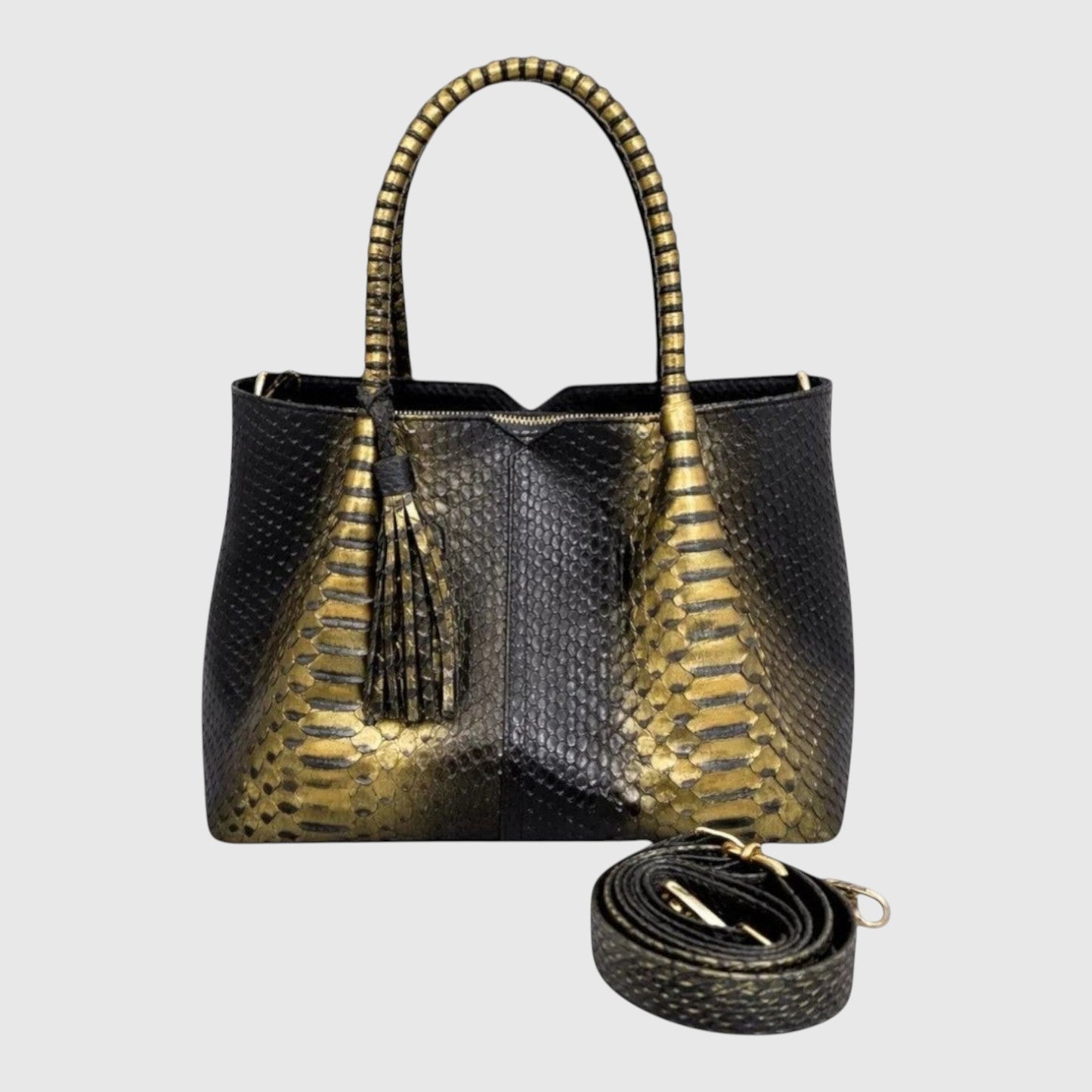 Sac à main Leather craftman en cuir de python noir et doré avec poignée structurée et détails métalliques