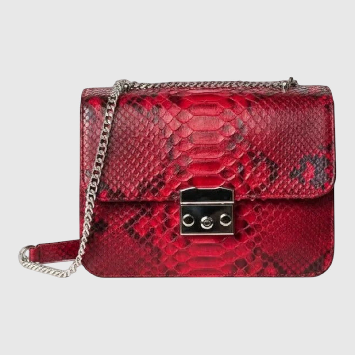 Sac à bandoulière Leather craftman en cuir véritable rouge rubis avec texture python et chaîne métallique élégante