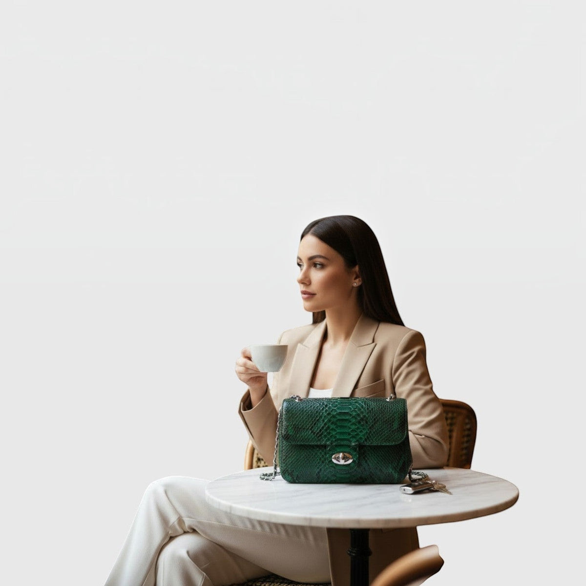 Femme élégante avec sac à bandoulière Leather craftman en cuir véritable vert émeraude texturé façon python