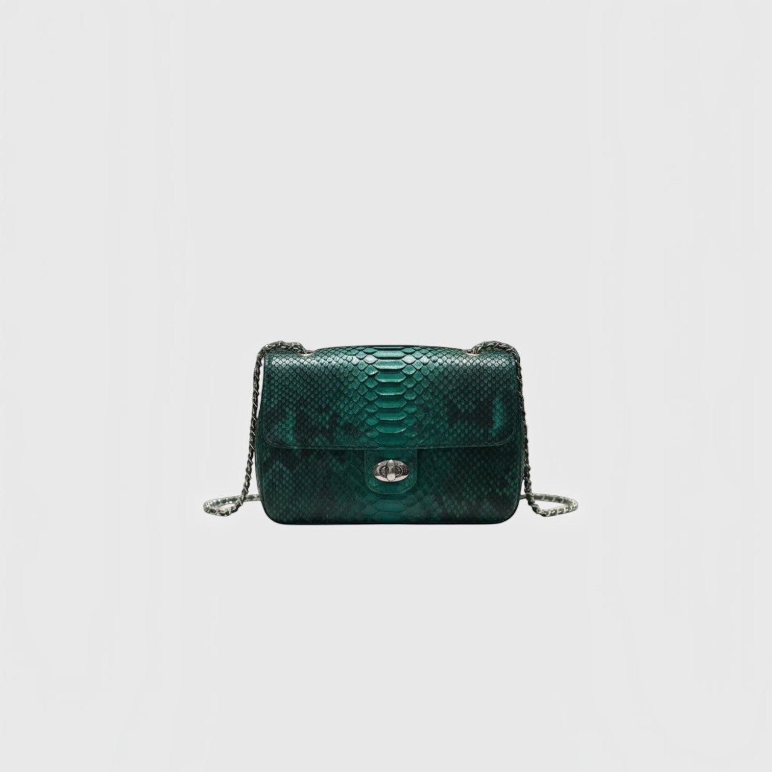 Sac à bandoulière Leather craftman en cuir véritable vert émeraude avec texture python et chaîne métallique élégante