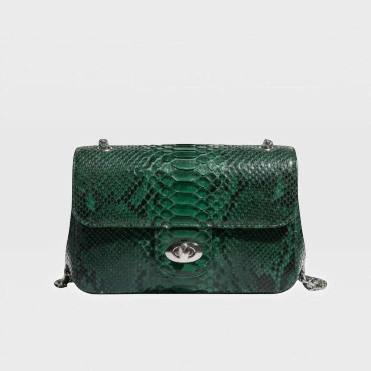 Sac à bandoulière Leather craftman en cuir véritable vert émeraude avec texture python et fermoir tournant argenté